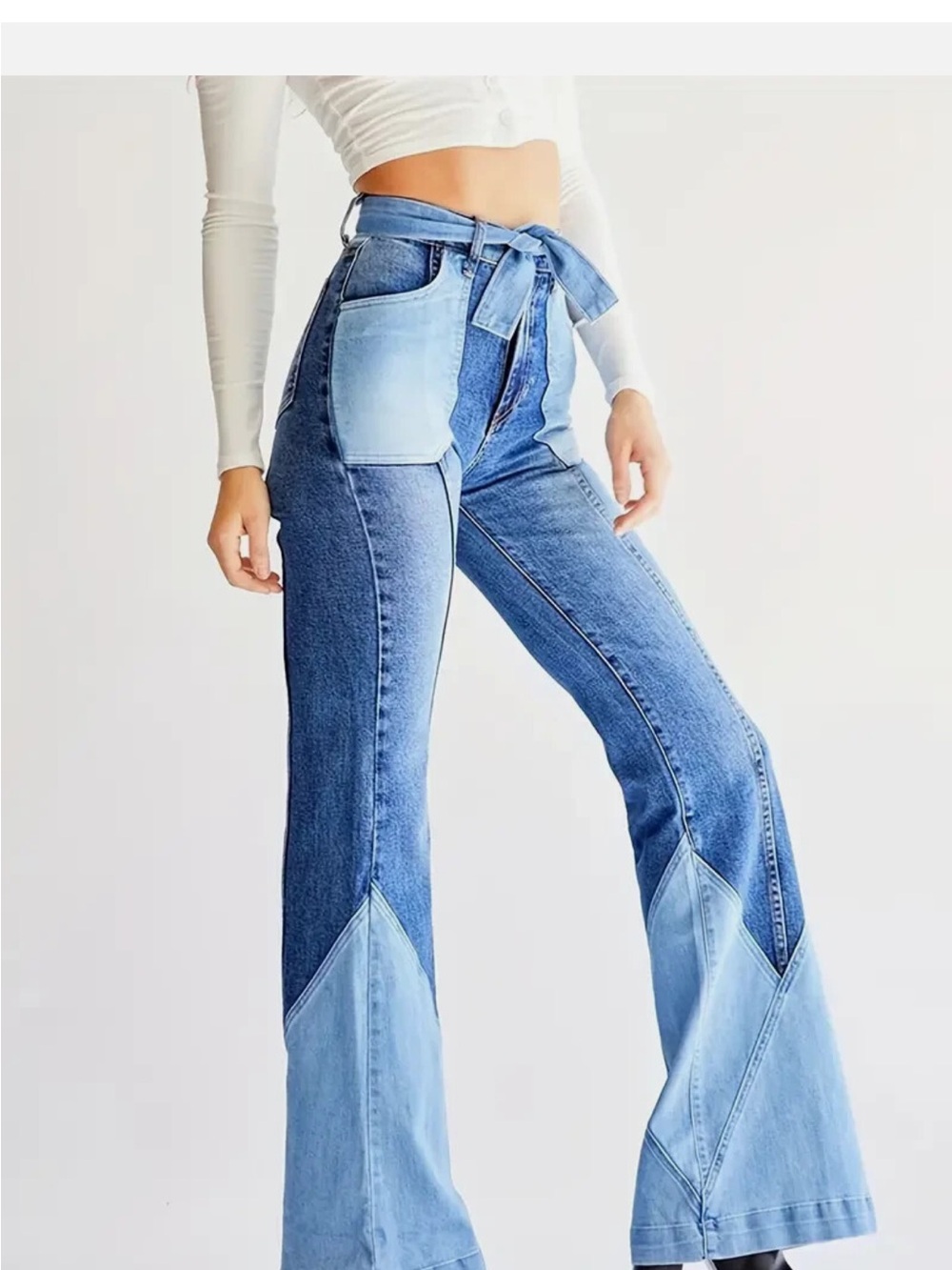 REVICE Two-Tone Light & Medium Blue Flare Jeans with Tie Waist